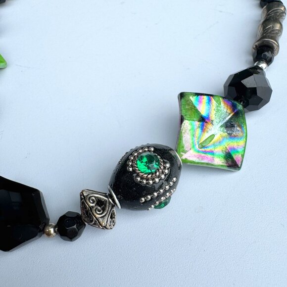 Chunky Beaded Necklace Black, Silver and Green Tones 18 inches - Picture 3 of 8